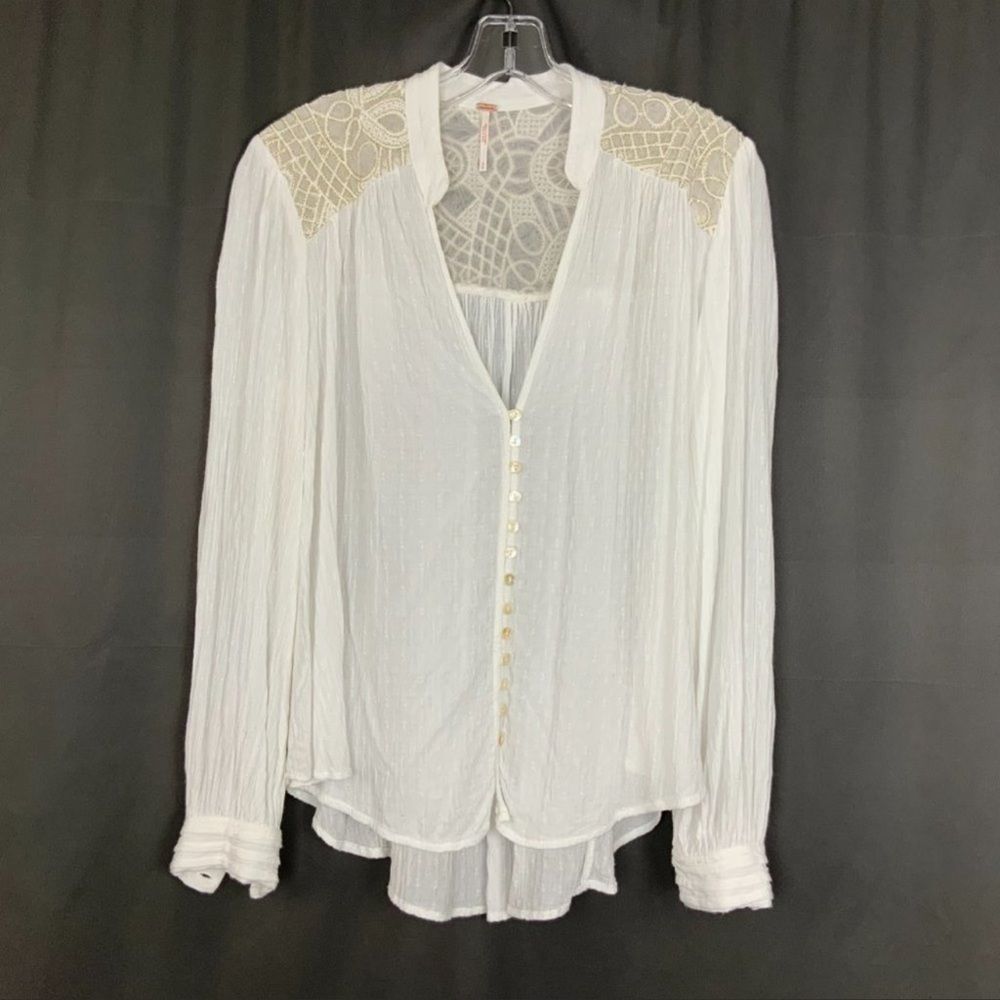 Free People Ivory Canyon Rose Button Down Metallic Gold Lace Back Blouse Size S